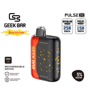 Geek Bar Pulse X 25K Peach Jam 5% 일회용 전자담배 – 3D 곡면 LED 스크린이 탑재된 세련된 블랙과 핑크 디자인으로