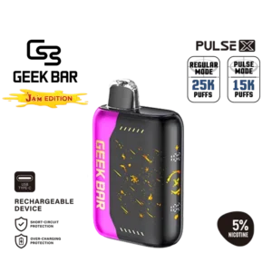 긱바 펄스 X 라즈베리잼 5% 일회용 전자담배 – 3D 곡면 LED 스크린이 탑재된 세련된 블랙과 레드 디자인으로