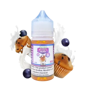 Soft cake-like inhale followed by sweet blueberry exhale — 포근한 머핀 느낌과 과일 그래픽이 조화된 블루베리 머핀 솔트닉 패키지.