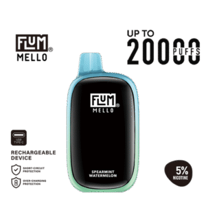 Juicy watermelon with crisp spearmint cooling — 수박 과즙과 스피어민트의 상쾌함을 함께 느낄 수 있는 FLUM Mello 20k Spearmint Watermelon 5% 디바이스.