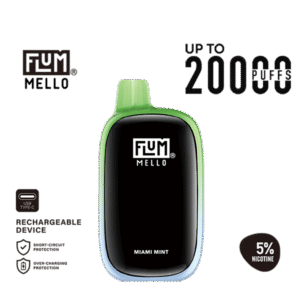 Ultra-cool Miami mint flavor with long-lasting icy finish — 강한 민트 쿨링과 깔끔한 장시간 베이핑을 느낄 수 있는 FLUM Mello 20k Miami Mint 5% 디바이스.