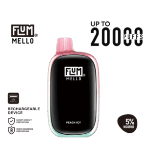 Juicy peach flavor with crisp icy cooling — 달콤한 복숭아 과즙과 시원한 쿨링을 느낄 수 있는 FLUM Mello 20k Peach Icy 5% 디바이스.