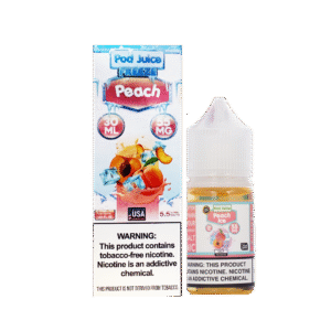 Bold peach aroma with chill 달콤하고 차가운 과일 느낌을 강조한 Pod Juice 제품 이미지.