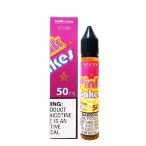Sweet and creamy pink cake inhale with smooth dessert aroma — 케이크 단맛과 바닐라 크림 느낌을 표현한 VGOD Pink Cakes SaltNic Juice 라벨 이미지.