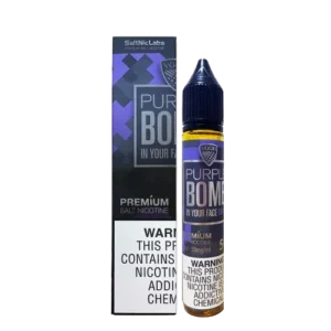 VGOD SaltNic Purple Bomb — 진한 자포도 컬러톤과 candy-style graphic을 사용한 bottle design, rich grape punch flavor를 표현하는 생생한 e-liquid 이미지.