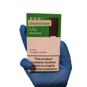 “Pure refreshing menthol hit with clean mint aroma — 차갑고 깨끗한 아이스 느낌을 담은 JUUL 2 Crisp Menthol 2팩 이미지.