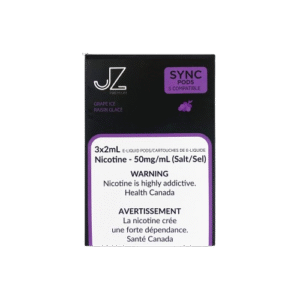 Sweet icy grape flavor with crisp cool finish — 보라·화이트 포도톤과 아이스 포인트가 조화된 JZ Premium STLTH Pods Grape Ice 패키지 이미지.