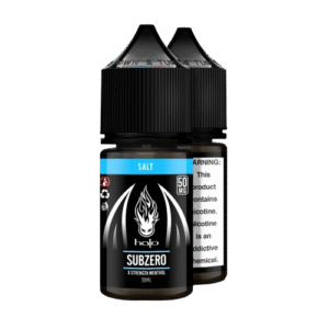 Icy strong menthol vibe 강한 쿨링 분위기와 차가운 블루 톤이 표현된 Halo SubZero 액상 이미지.