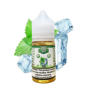 Deep cooling mint burst with a smooth clean aftertaste — 청량한 민트 컬러와 아이시 텍스처 포인트가 포함된 Pod Juice Jewel Mint SaltNic Juice.