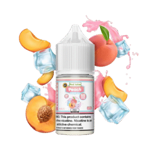 “Bright peach candy-like sweetness with a cold crisp finish — 피치톤 라벨과 아이스 포인트가 결합된 Pod Juice Peach Freeze vape bottle 이미지.