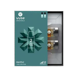 Clean and refreshing menthol flavor — 시원한 민트 컬러와 깔끔한 패키지가 표현된 Vuse Alto Menthol Pods 이미지.